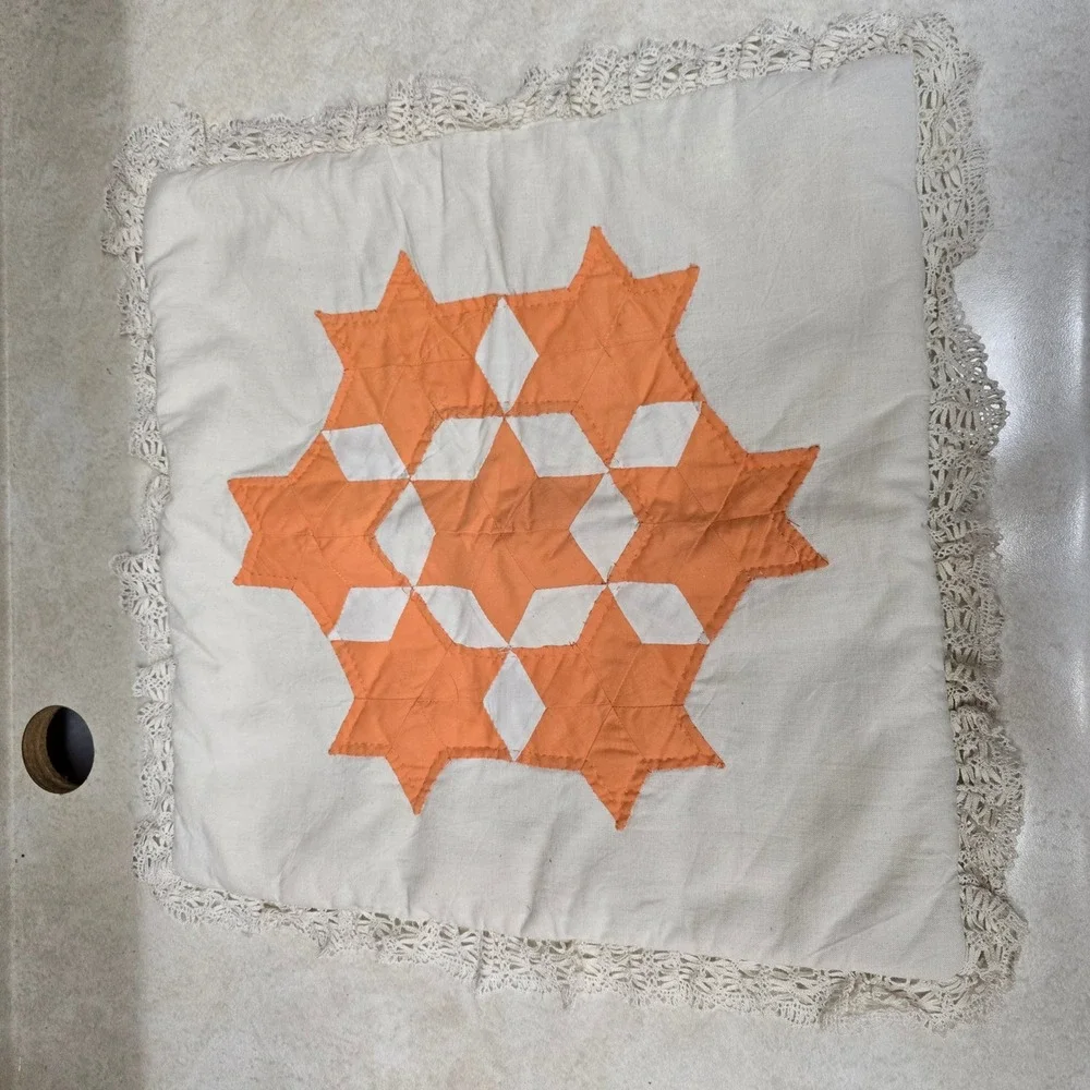 Vintage Handmade Quilted Star Pillow Sham Orange White Crochet Lace Trim 18x18
